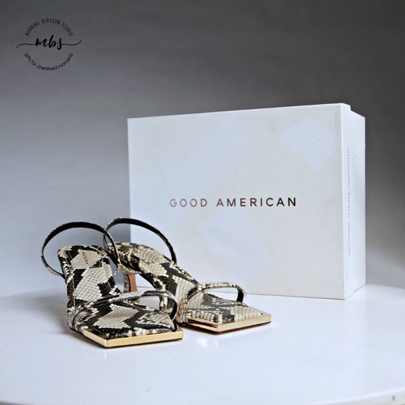 NIB Good American Standout Snake Print Square Toe Sandals Gray Gold Women 9.5 - Picture 2 of 16